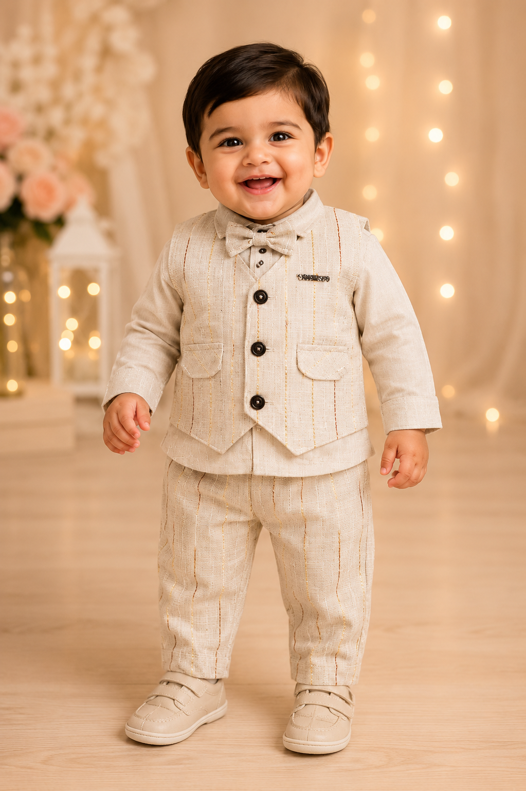 Beige 3-Piece Party Wear Set with Koti & Bow Tie for Baby Boys | 0–2 Years