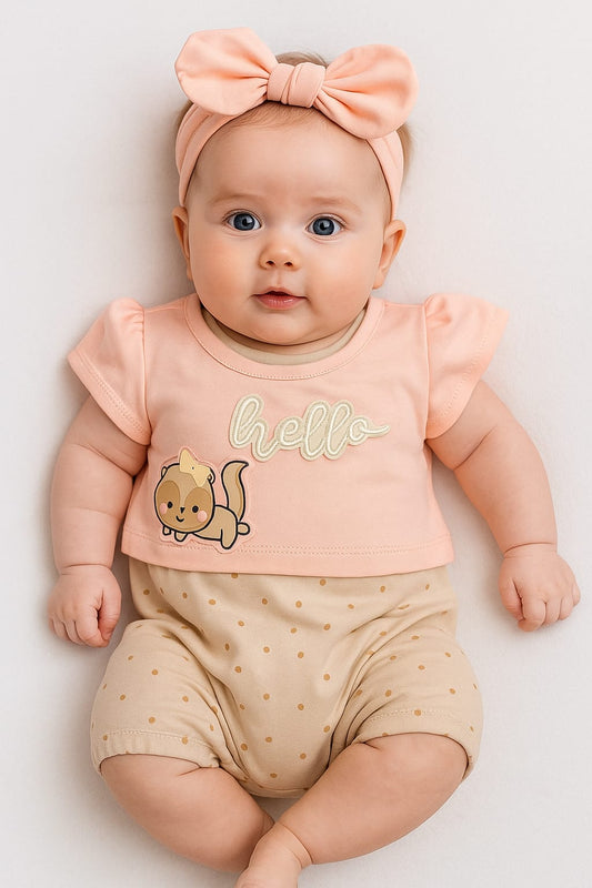 Baby Girl "Hello Squirrel" Summer Romper Set with Headband – Peach & Olive Green