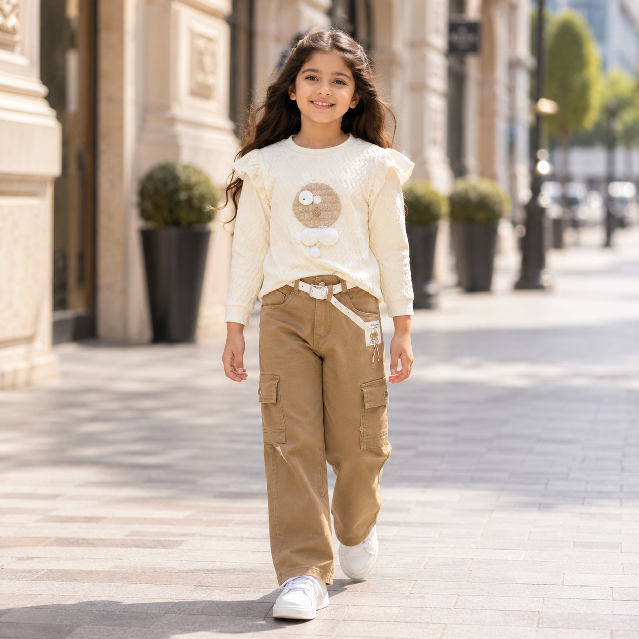 Cream Ruffle Top & Khaki Cargo Pants Set