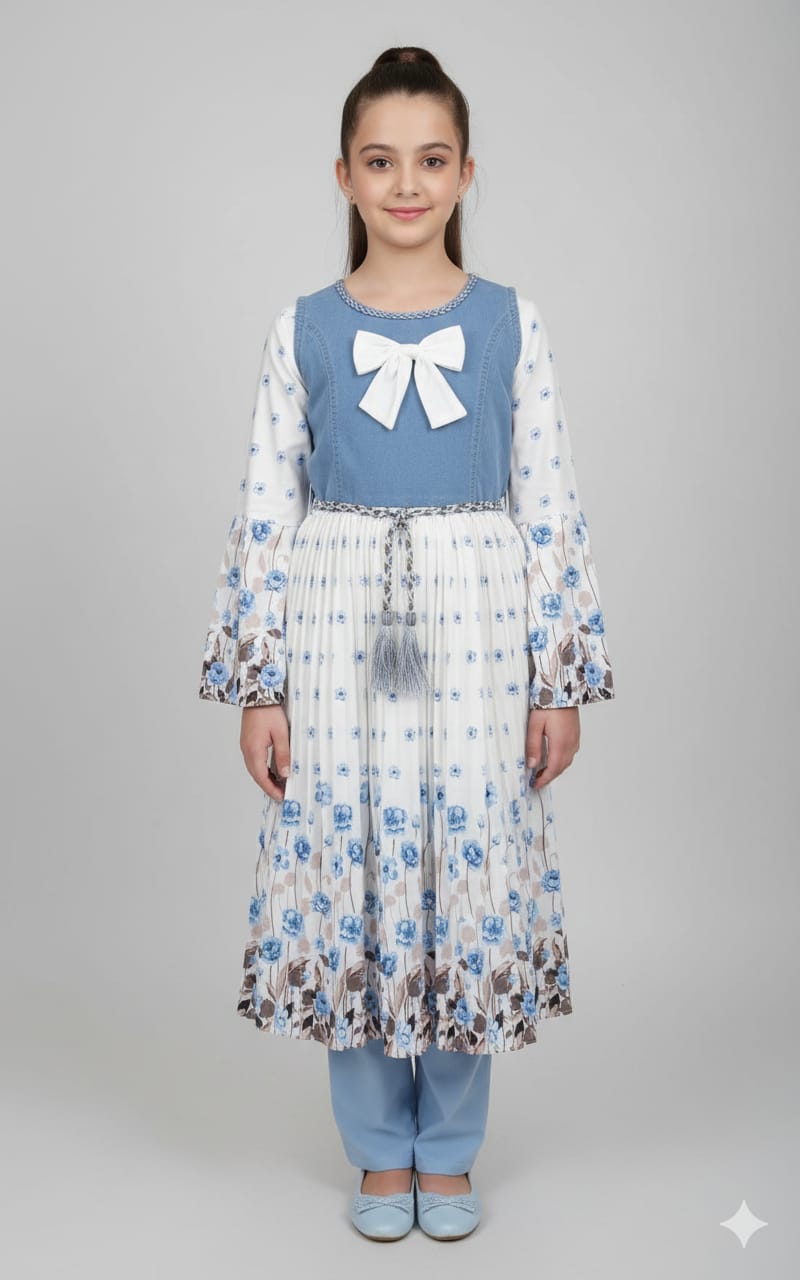 Girls Blue & White Floral Long Dress with Bow Detail – 12Y to 15Y
