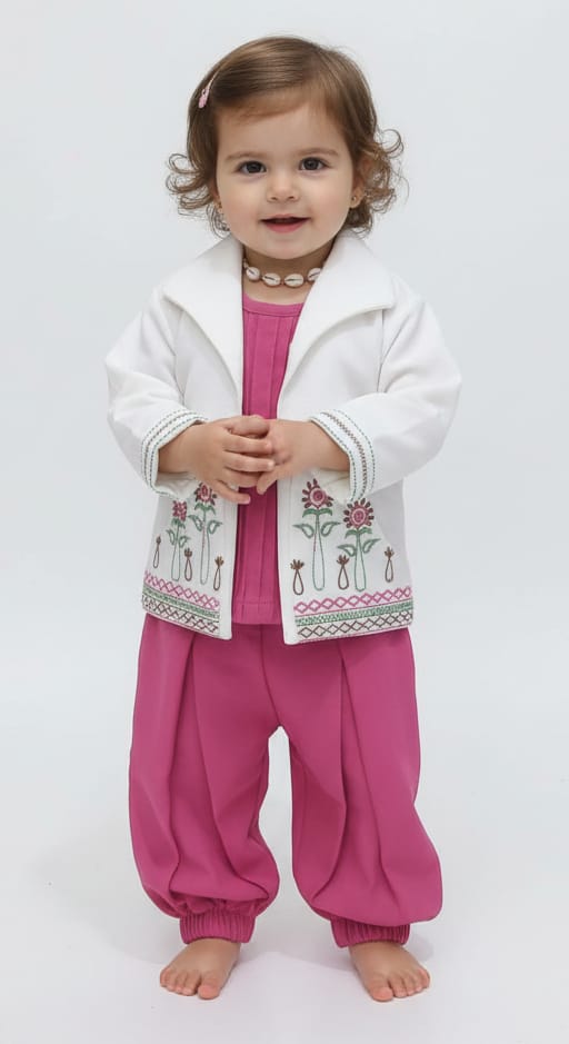 Girls Embroidered White Jacket with Magenta Dhoti Set (2–4 Years)
