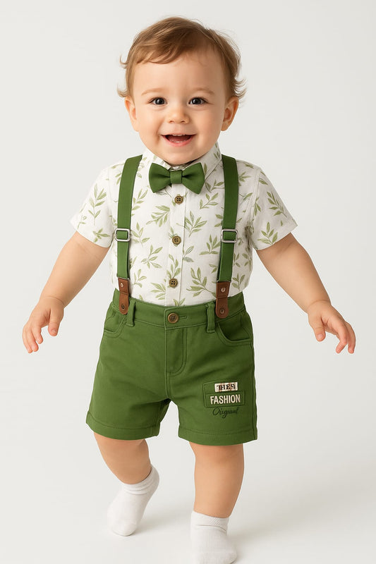 Baby Boys Stylish Bow & Suspenders Set – Green & Brown
