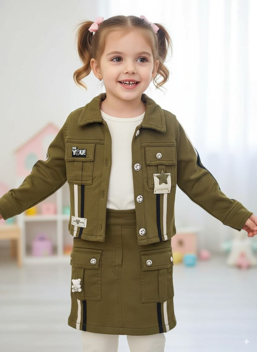 Olive Green Skirt & Jacket Co-Ord Set – Stylish Casual Wear for Girls (4–12 Years)