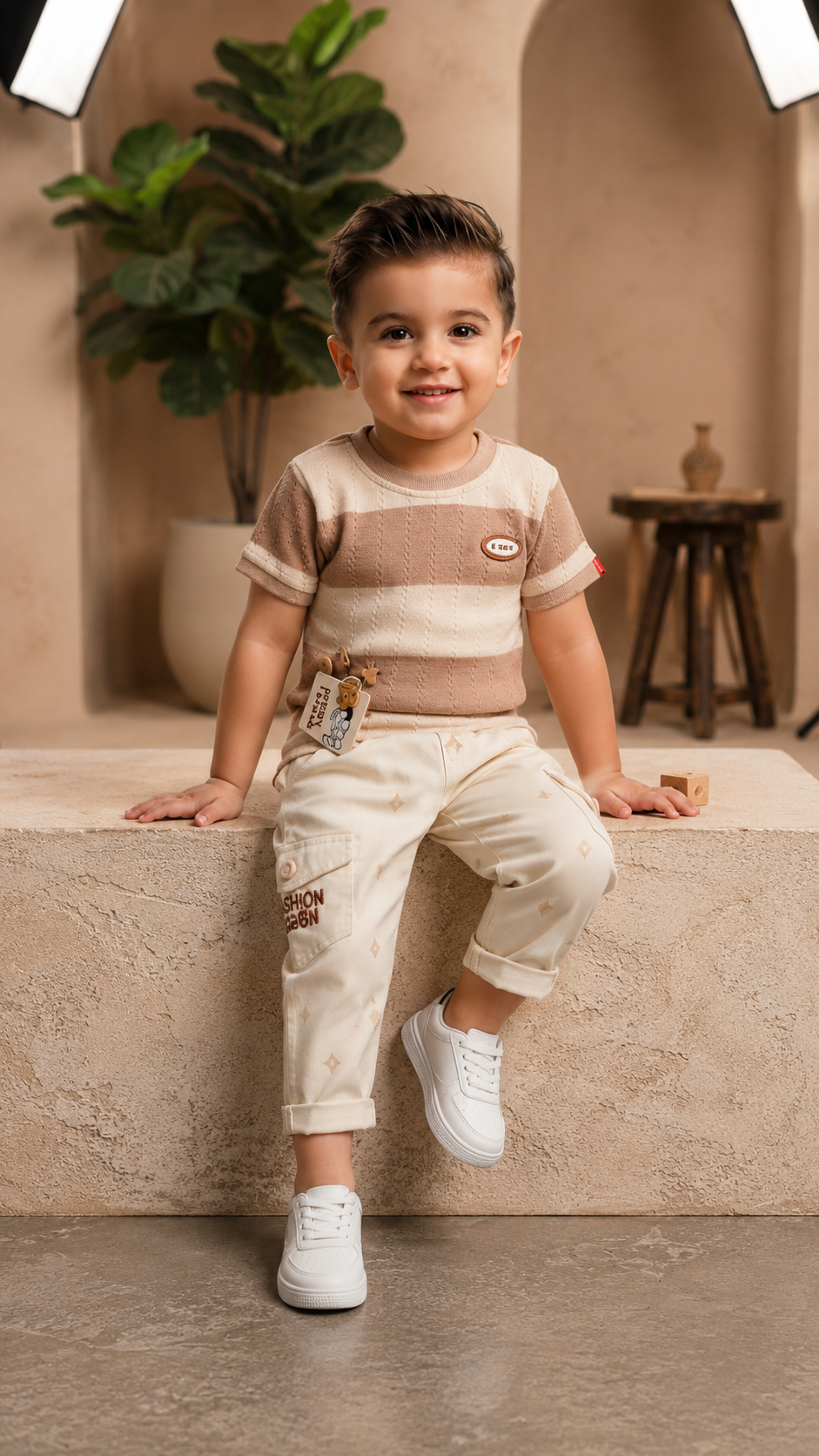 Textured Stripe Tee & Cream Cargo Pants Set
