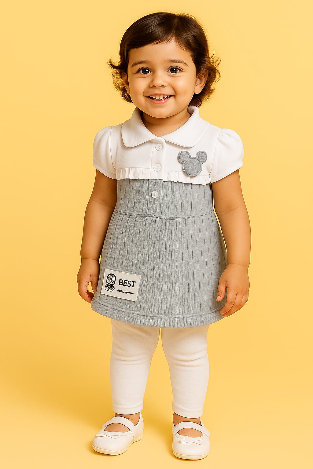 Baby Girl Collared Dress Set – Pink & Grey