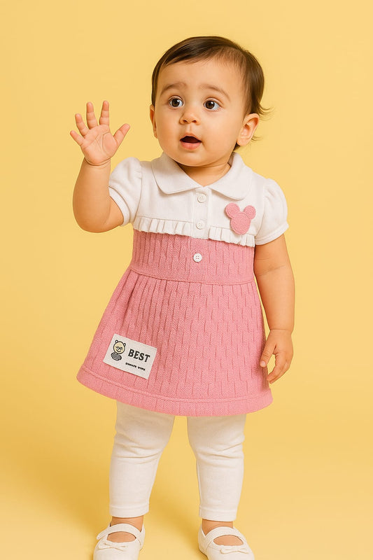 Baby Girl Collared Dress Set – Pink & Grey