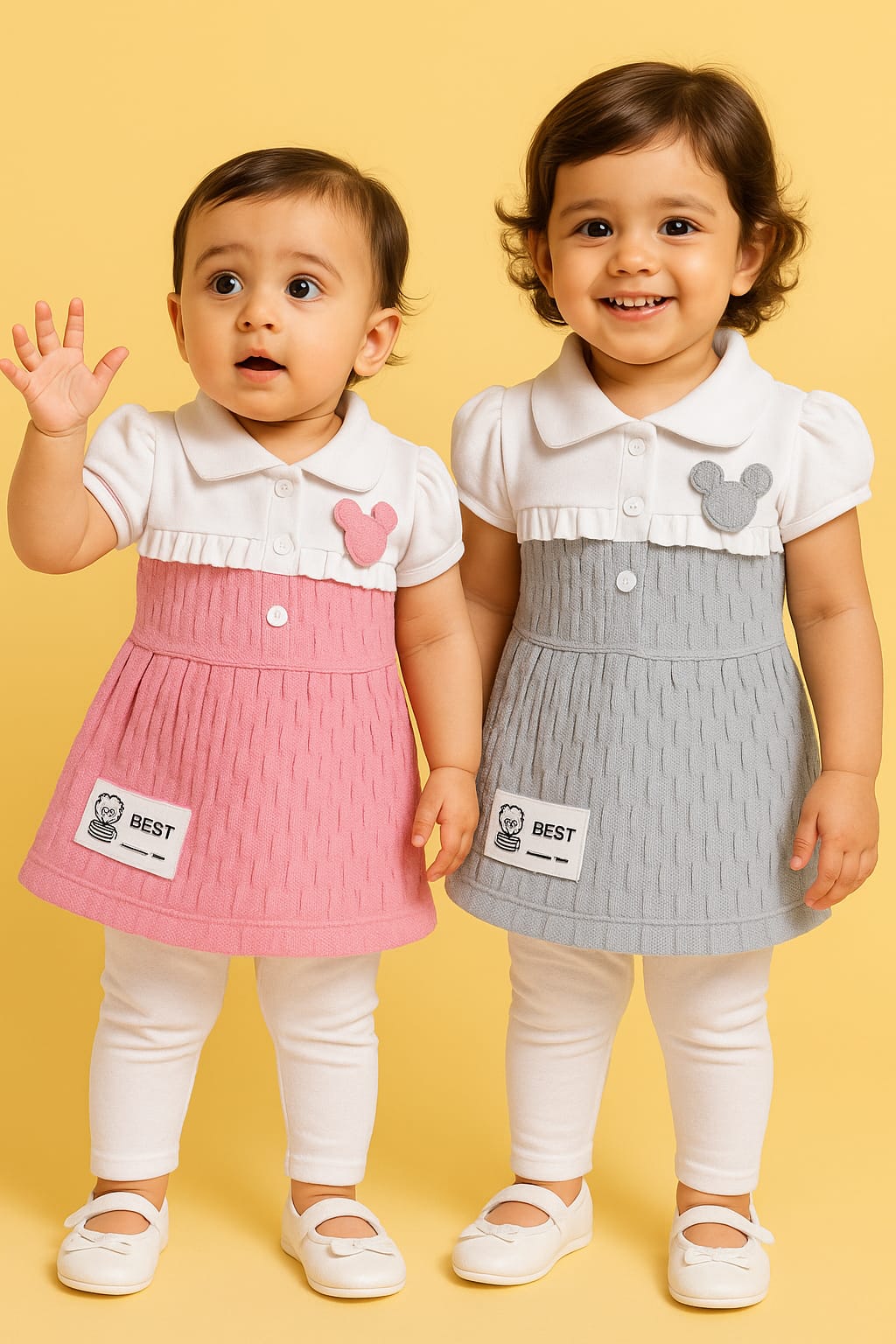 Baby Girl Collared Dress Set – Pink & Grey