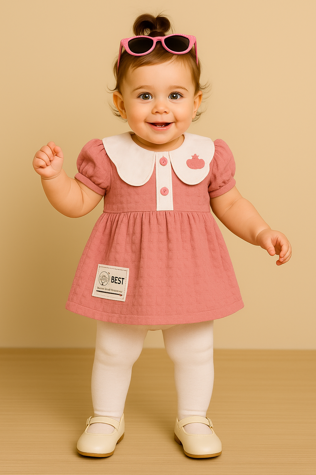 Baby Girl Peter Pan Collar Dress Set – Rose Pink & Olive Green |