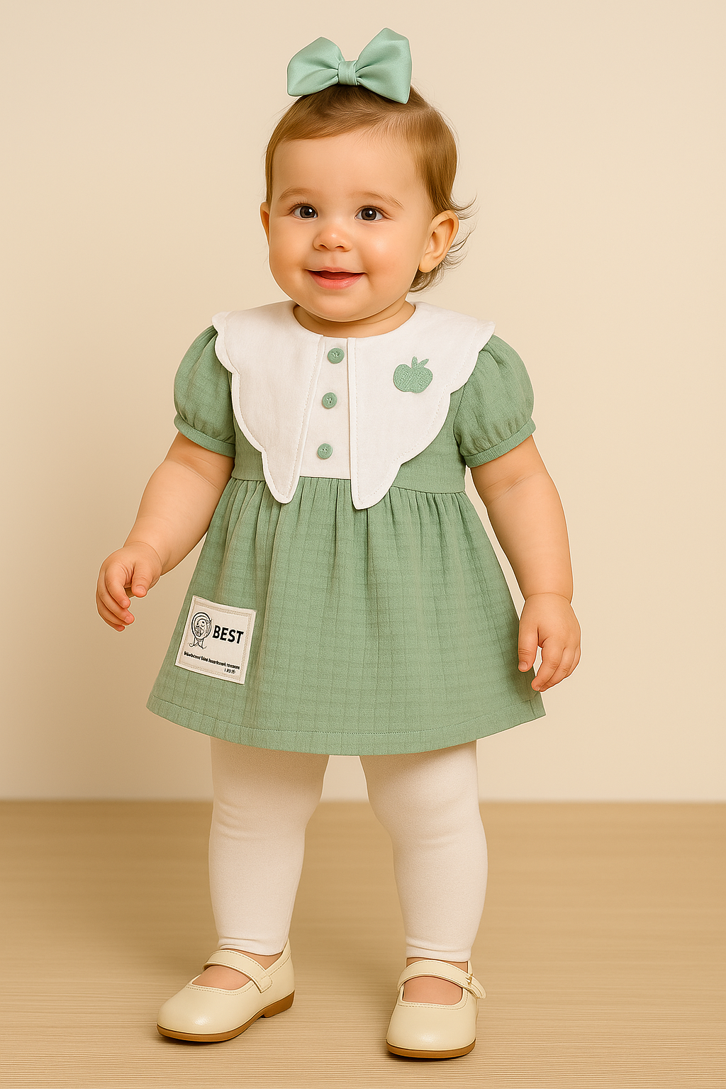 Baby Girl Peter Pan Collar Dress Set – Rose Pink & Olive Green |