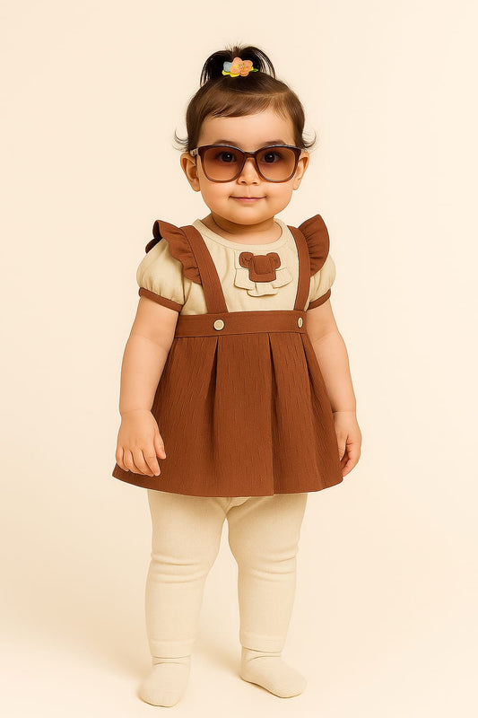 Teddy Suspender Frock Set – Brown & Olive