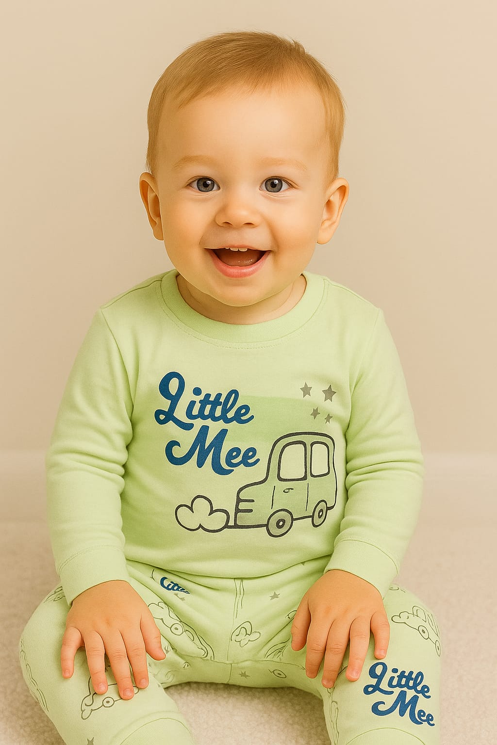 "Little Mee" Full Sleeve Night Suit – Blue, Green & White