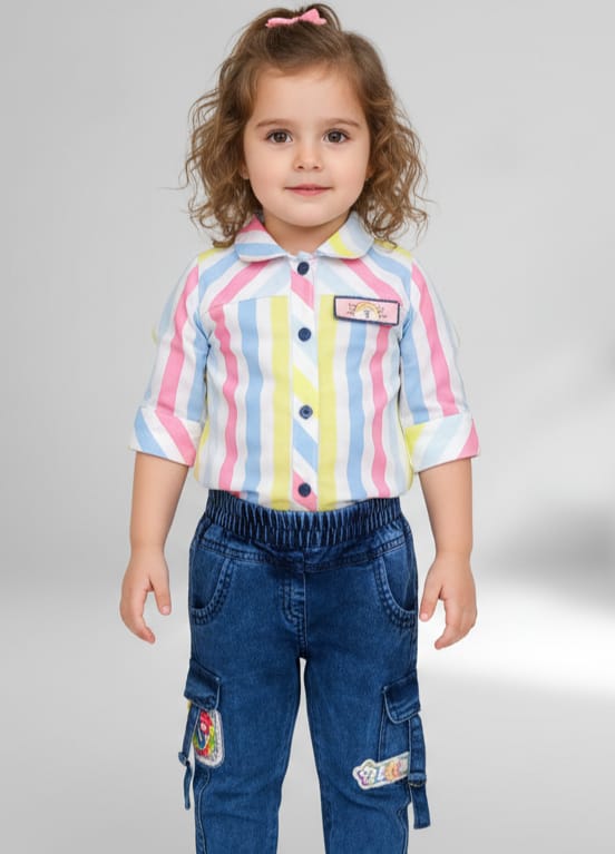Kids Striped Shirt & Denim Cargo Pants Set – 3Y to 13Y