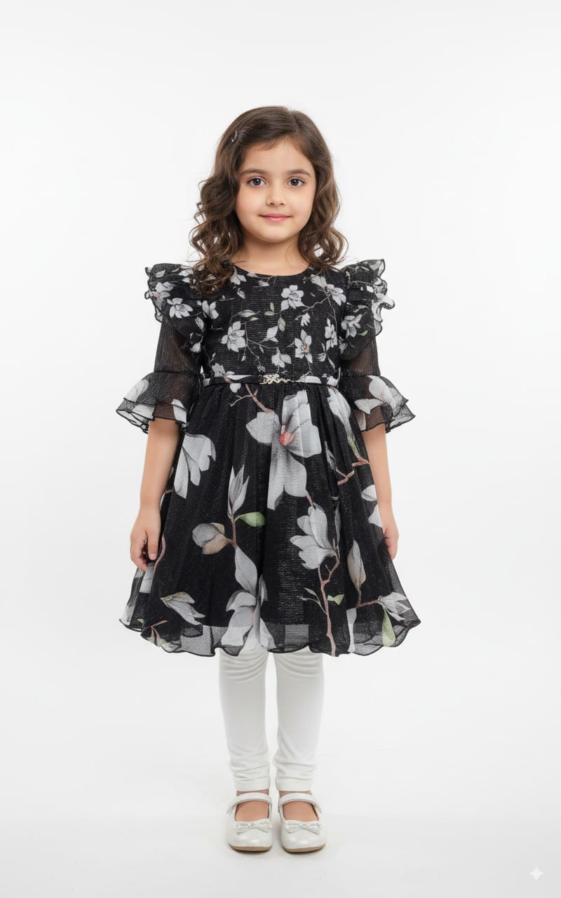 Black Floral Party Dress for Girls (4–12 Years)