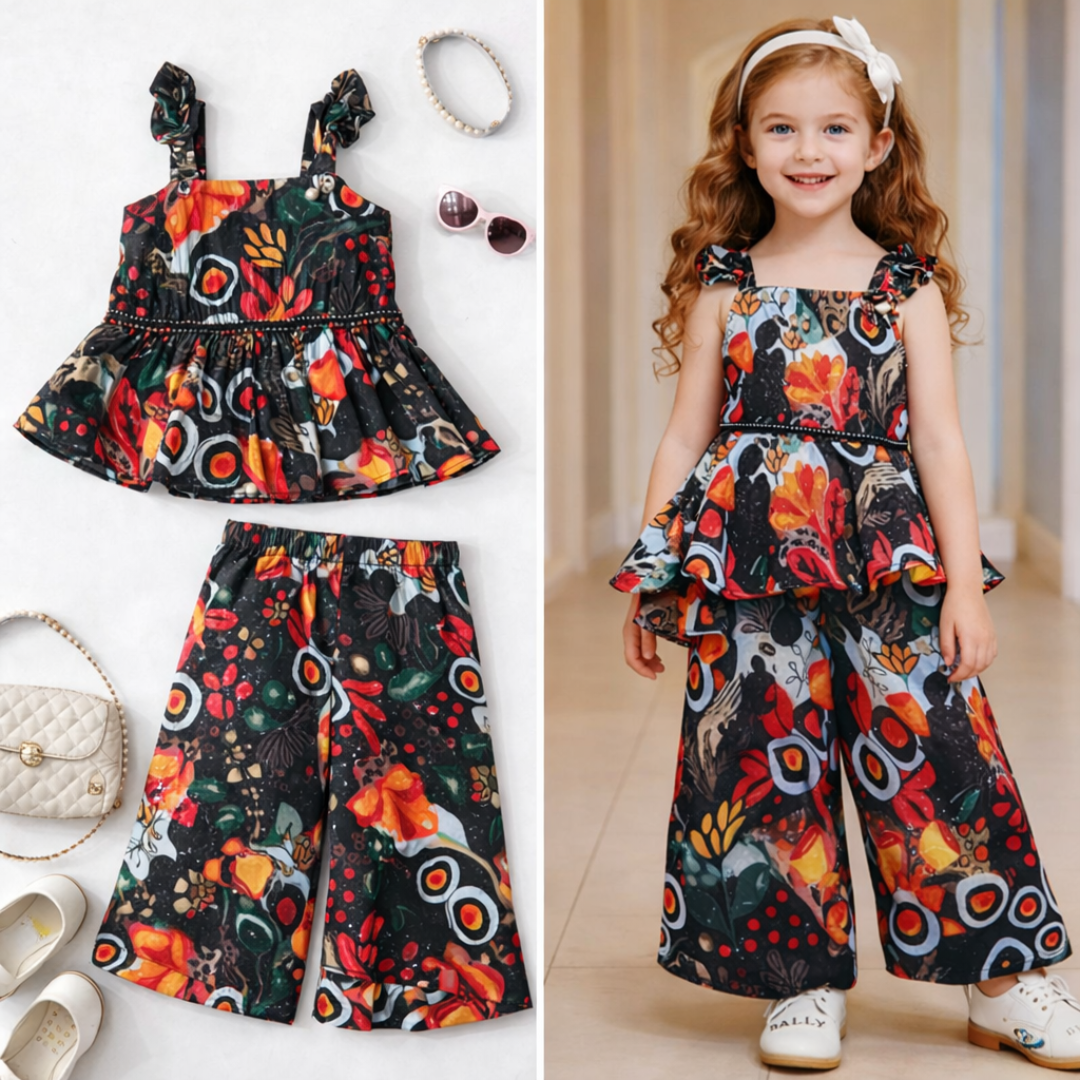 Girls Black Printed Peplum Top with Culottes Set (Multicolor Floral & Abstract Design)