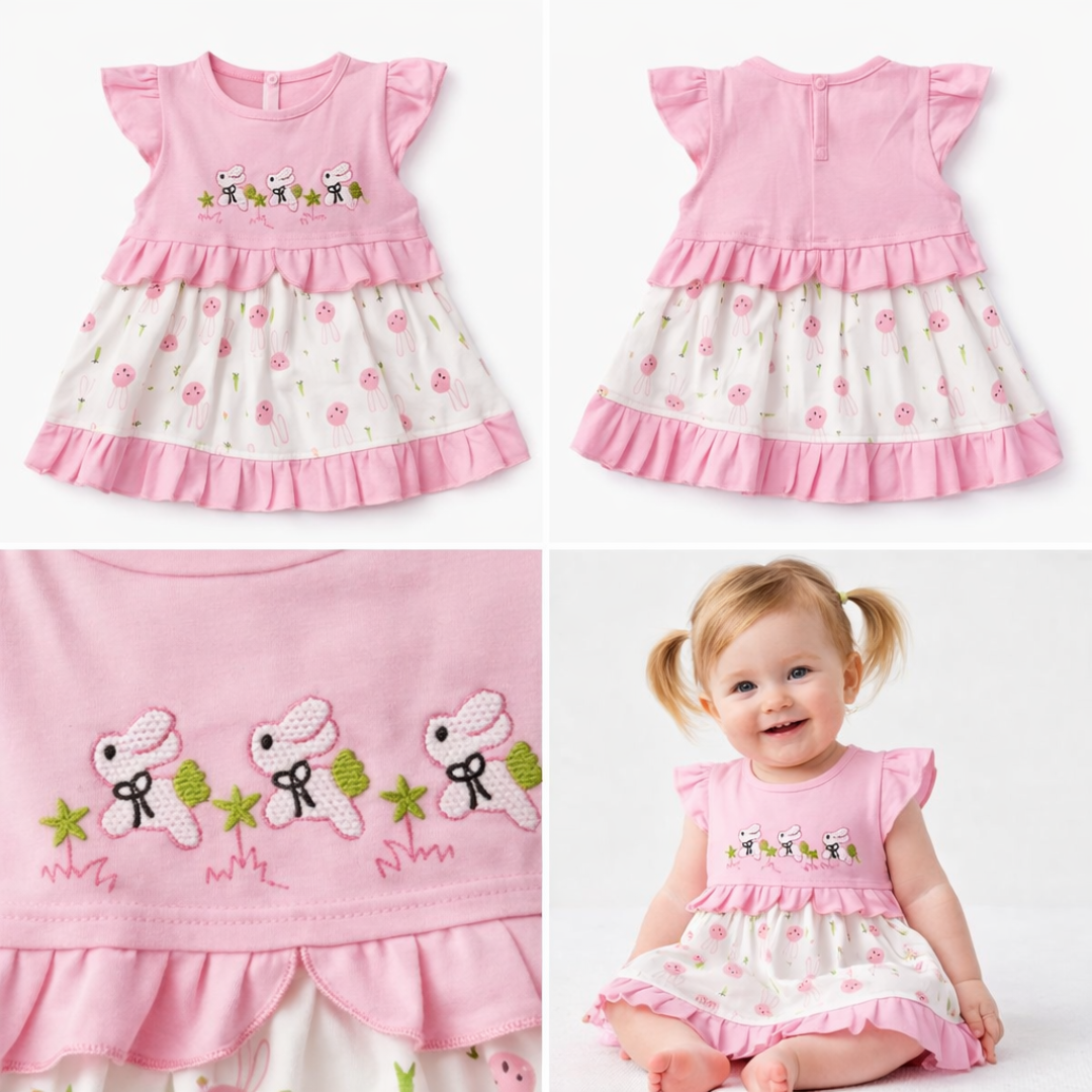 Pink and white dress with bunny design on a white background