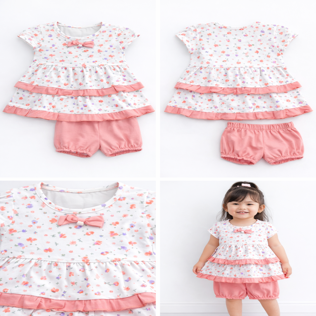 Girls Floral Printed Top with Bloomers Set (Frill Design)