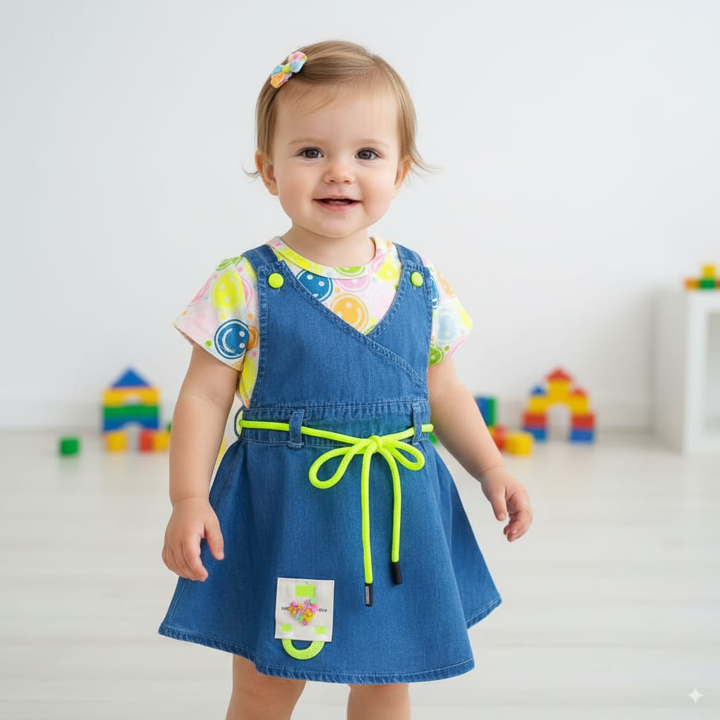 Denim Frock with Neon Belt – 6M to 1Y