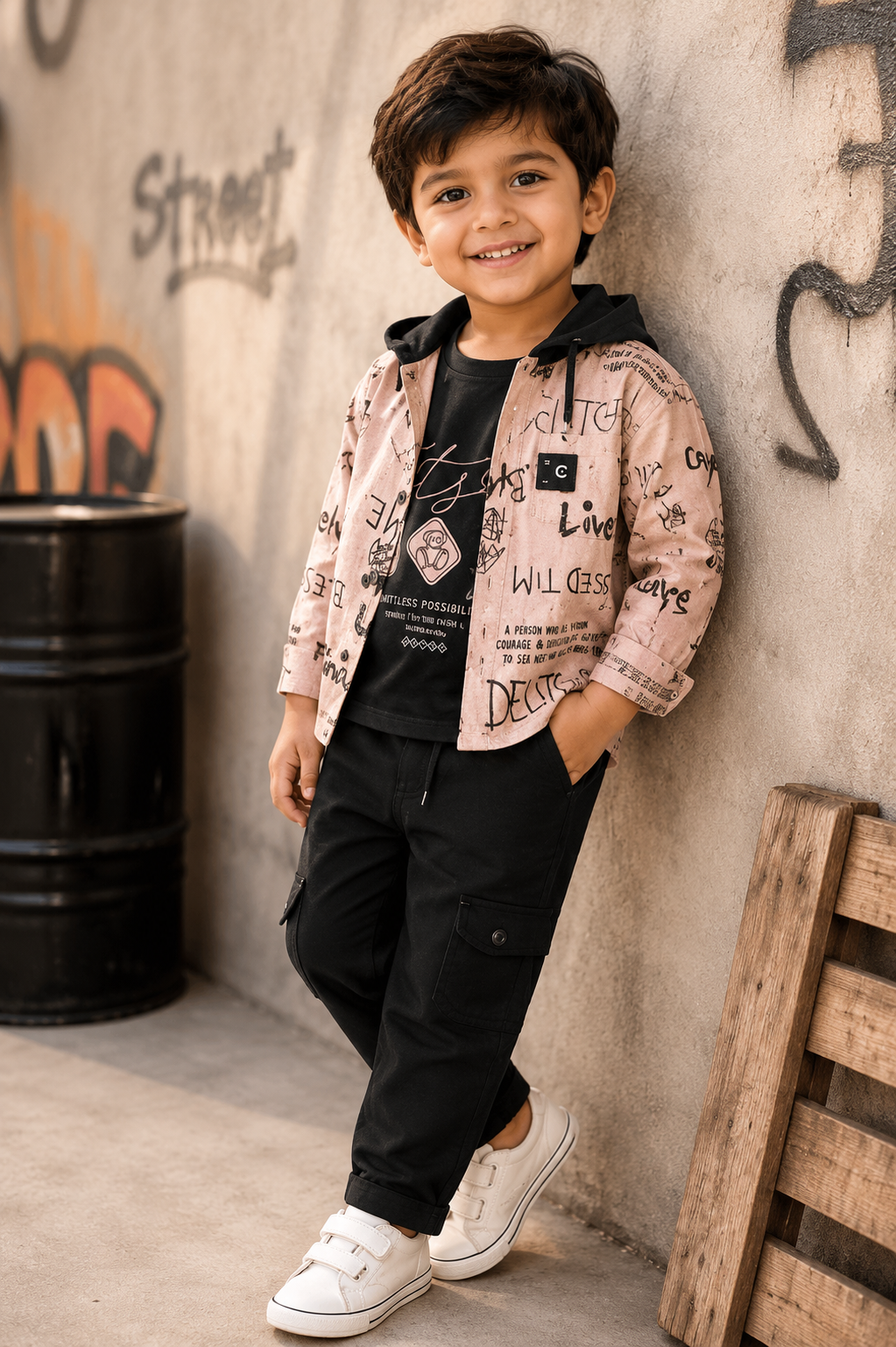 Dusty Pink Graffiti Text Print Hoodie Shirt & Black Cargo Pants Set | Boys | 1-3 Years