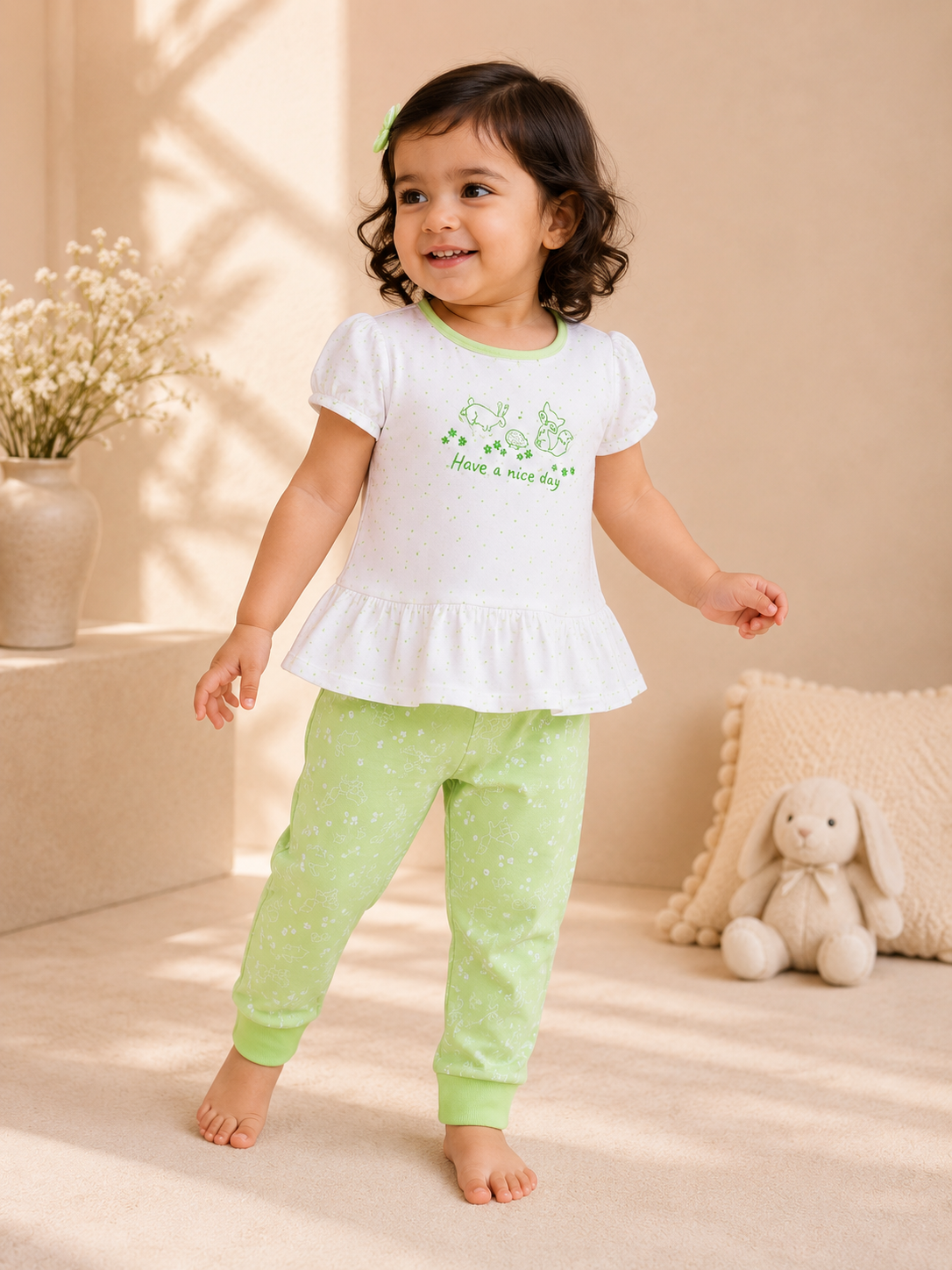 Have a Nice Day Frill Top & Green Pyjama Set