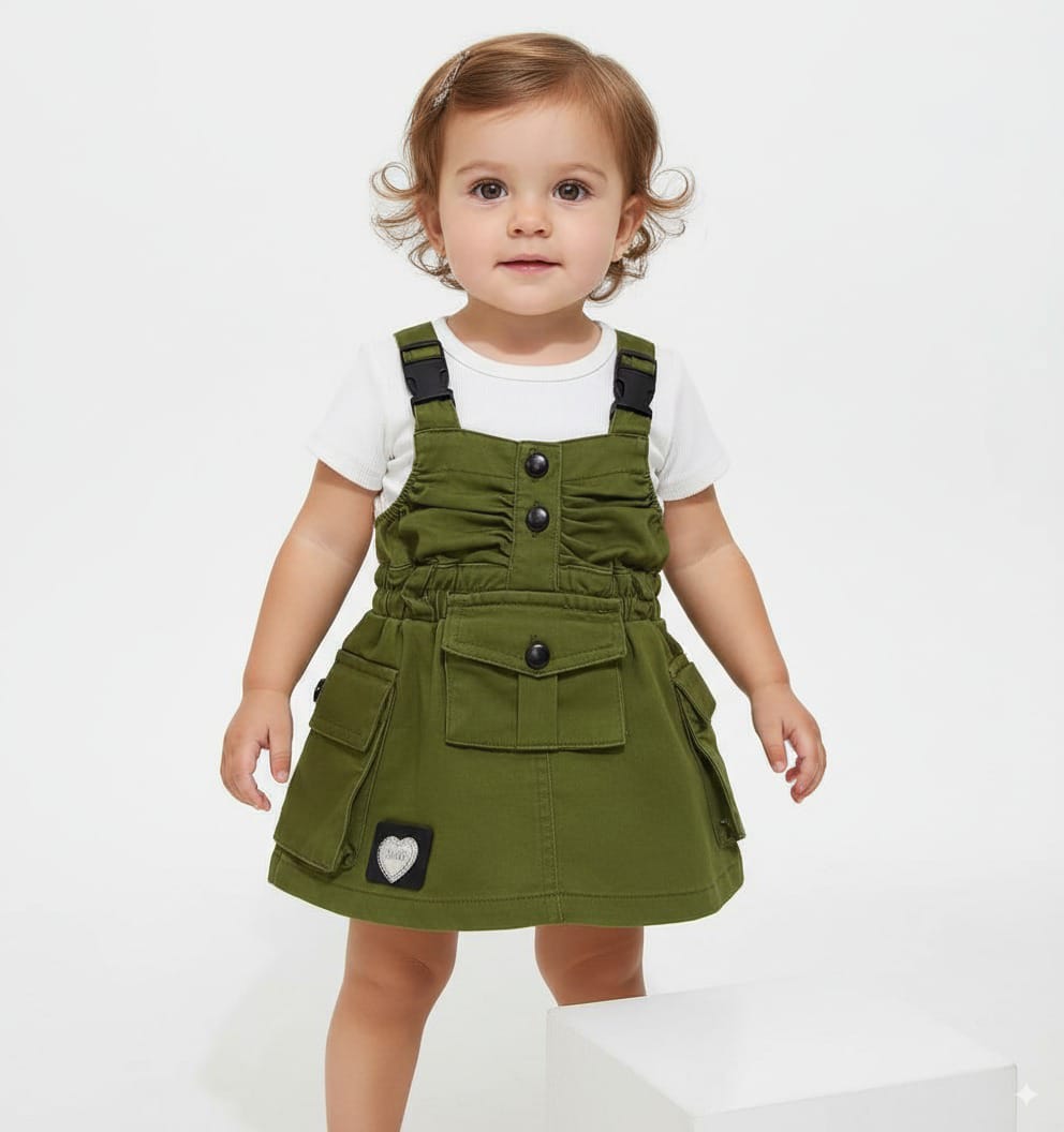Olive Green Pocket Strap Dress – Girls Outfit 6 Month To 1 Years