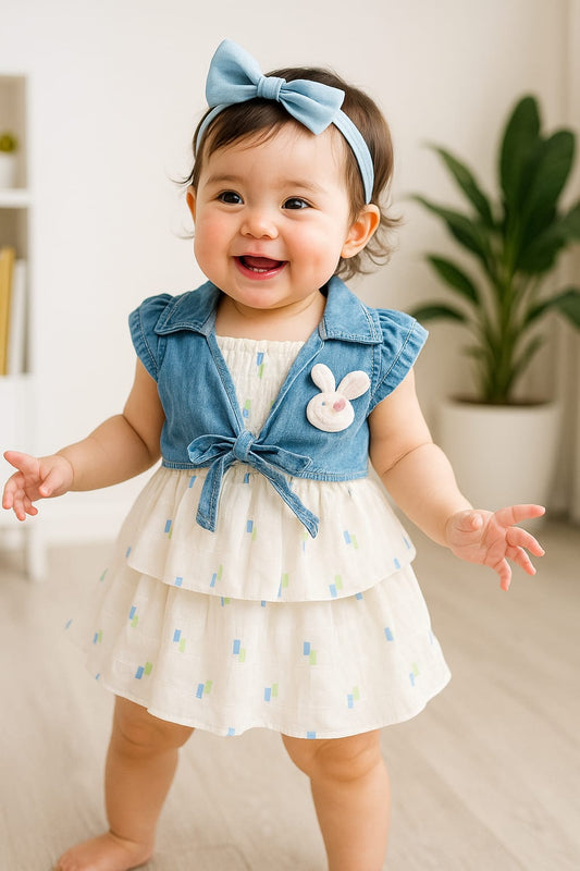 Baby Girl Denim Vest Layered Dress with Bunny Patch