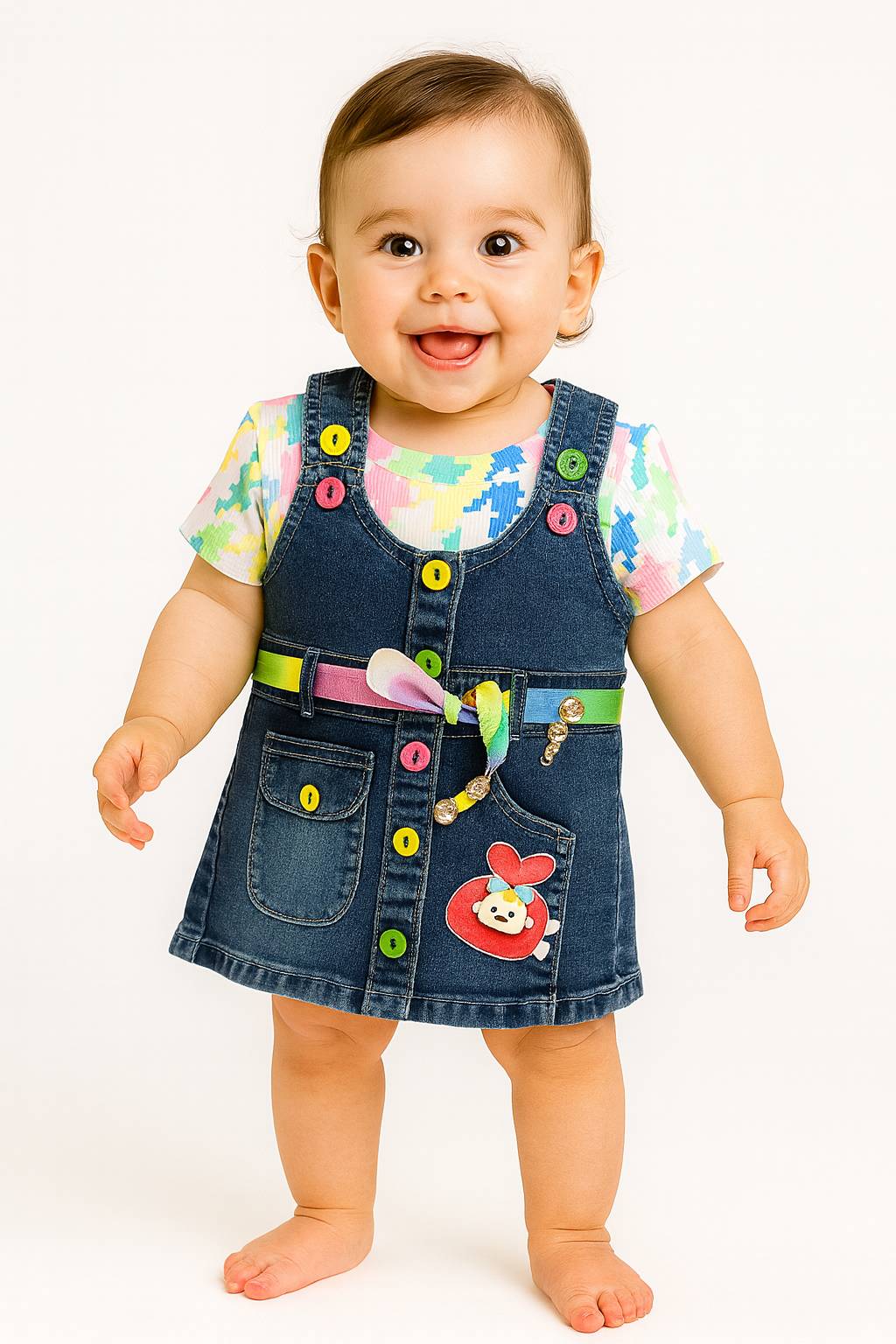 Denim Dungaree Dress with Colorful Buttons