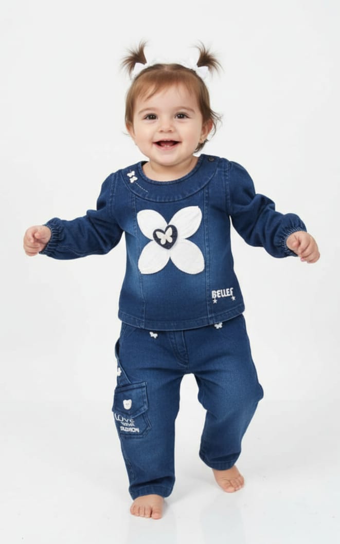 Girls Denim Co-ord Set with Floral Top & Pants (1–4 Years)