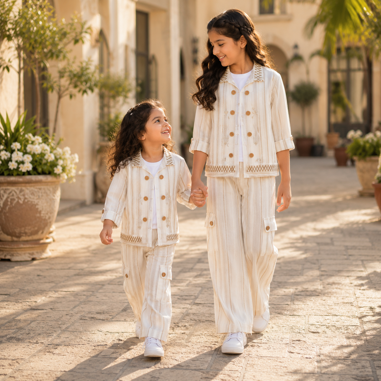 Cream Stripe Double-Breasted Shirt & Wide-Leg Pants Set