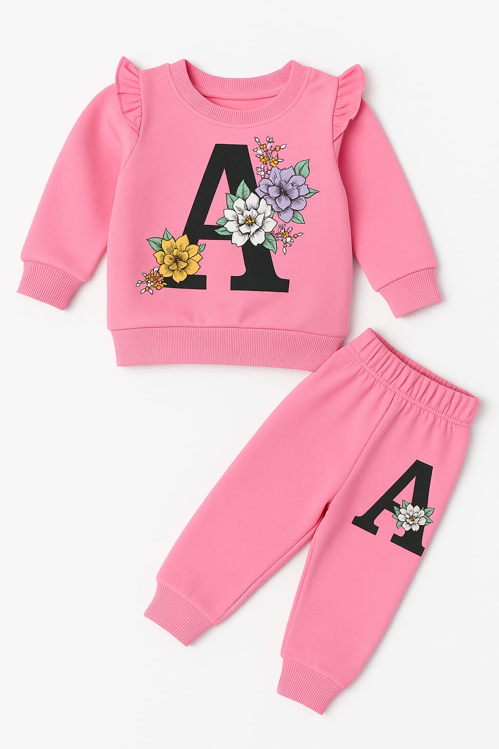 Floral Monogram Sweatshirt & Jogger Set – Blue & Pink