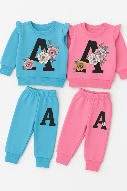 Floral Monogram Sweatshirt & Jogger Set – Blue & Pink