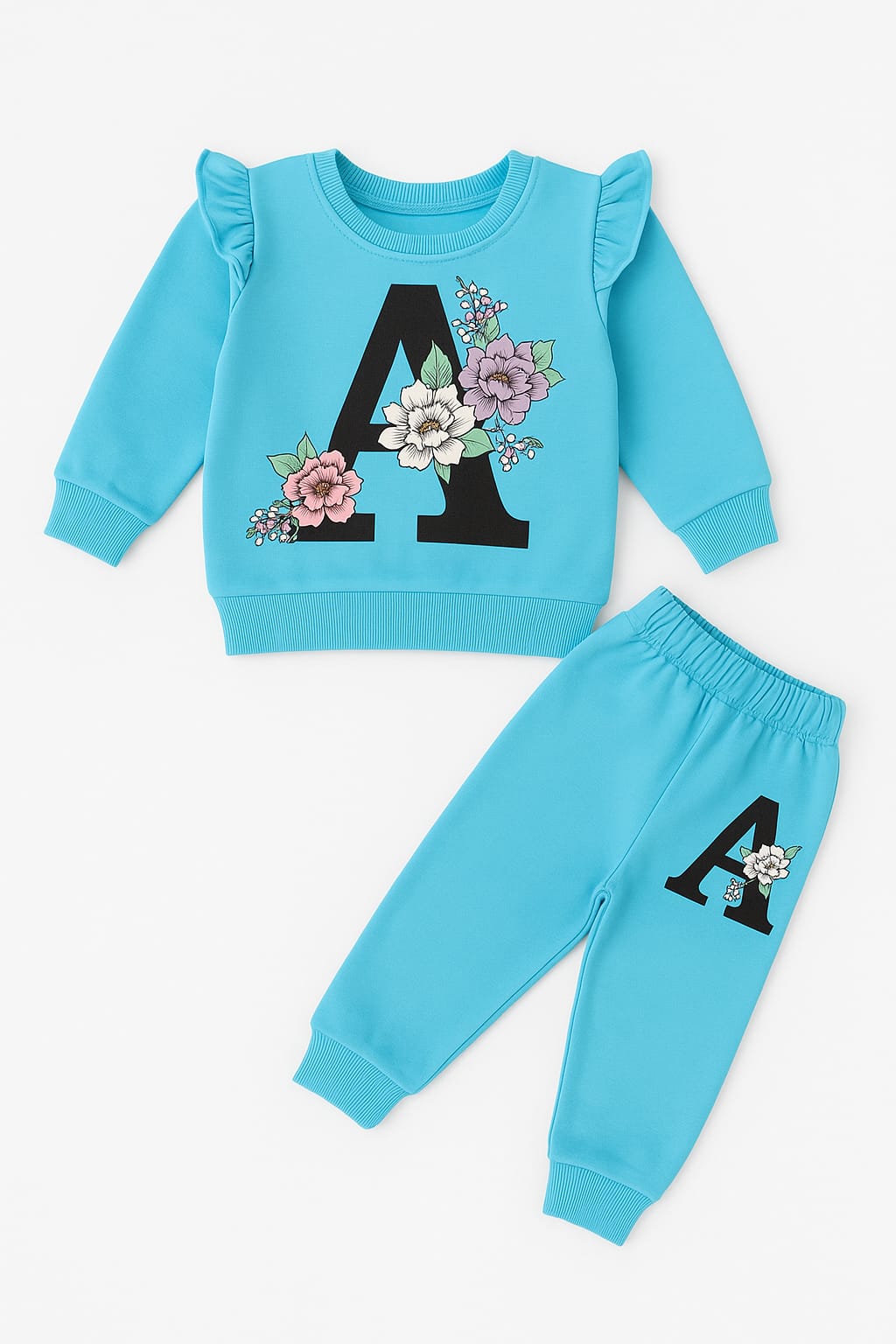 Floral Monogram Sweatshirt & Jogger Set – Blue & Pink
