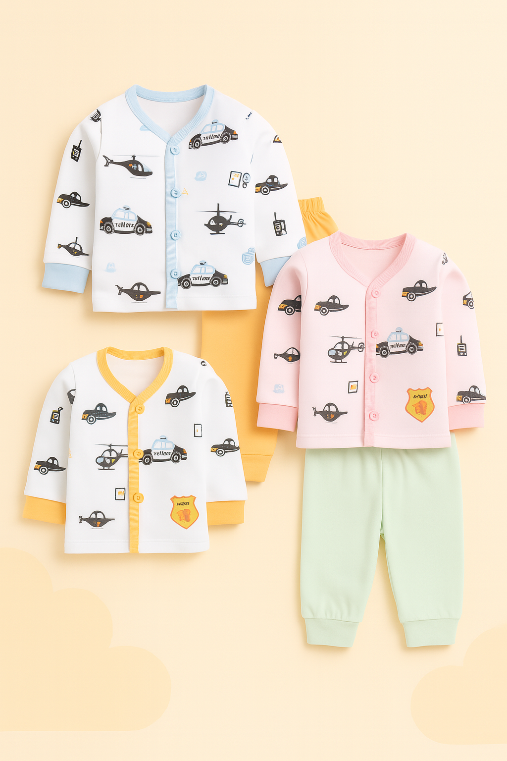 ๐ Newborn Police Patrol Cotton Set โ Soft Front-Open Baby Night Suit