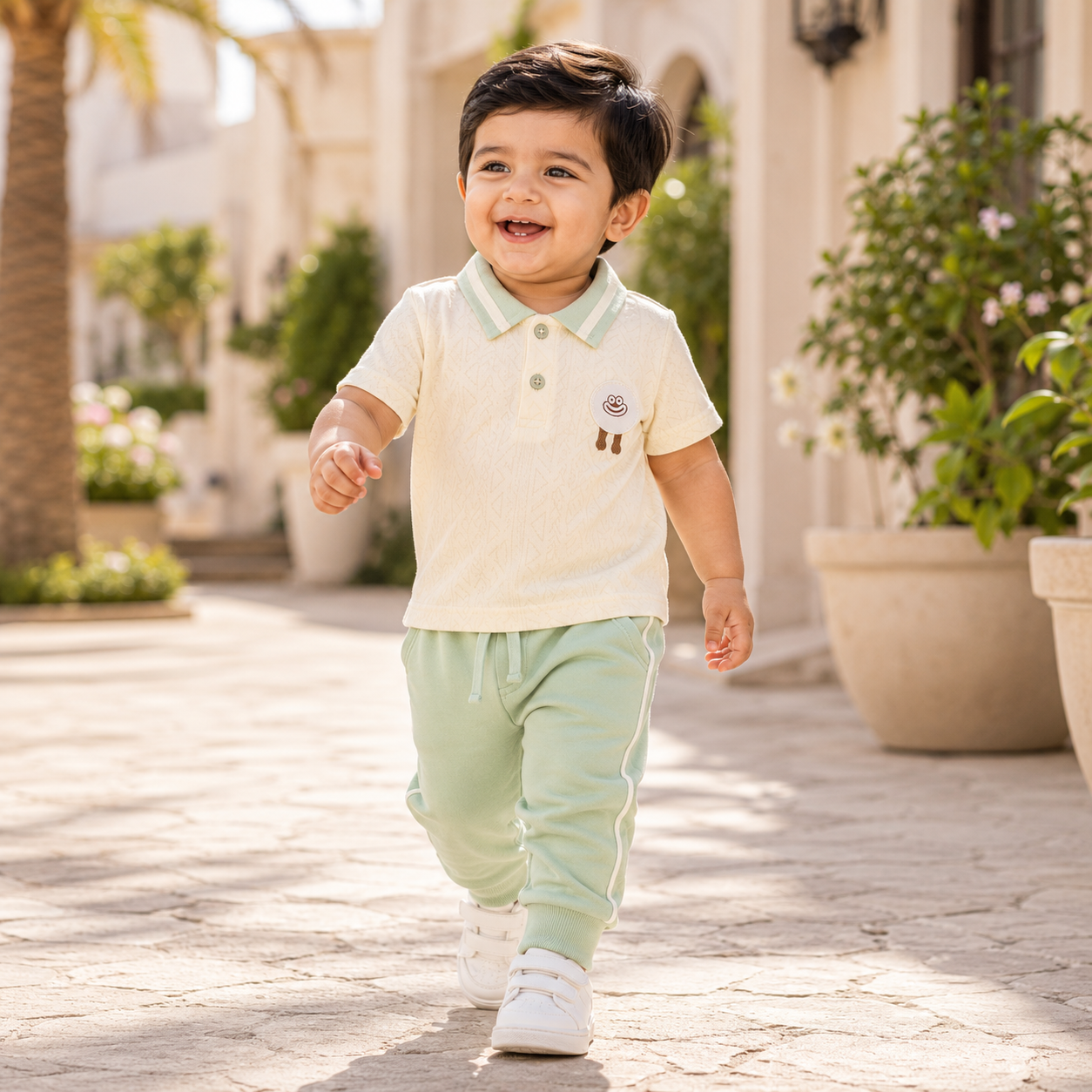 Cream Smiley Polo T-Shirt & Mint Jogger Pants Set