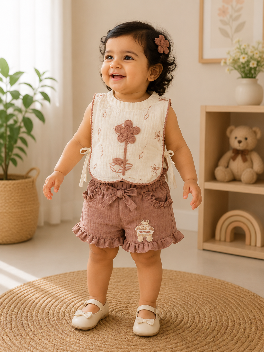 Flower Embroidered Top & Ruffle Shorts Set