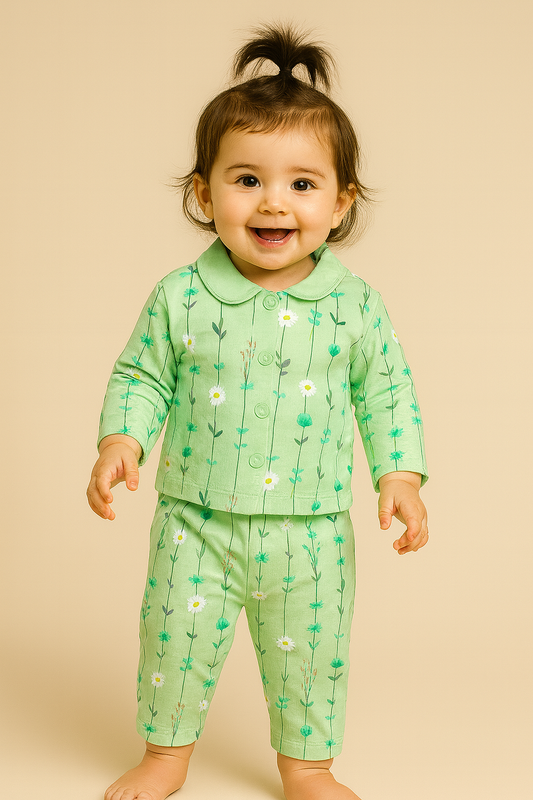Baby Full Sleeve Cotton Night Suit – Green, Peach & White Variants