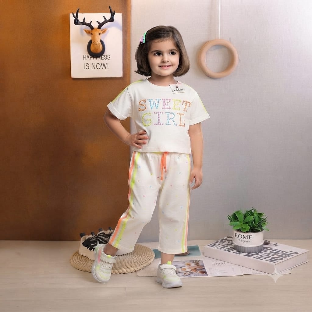 Sweet Girl Sequin Tee & Neon Stripe Pants Coord Set
