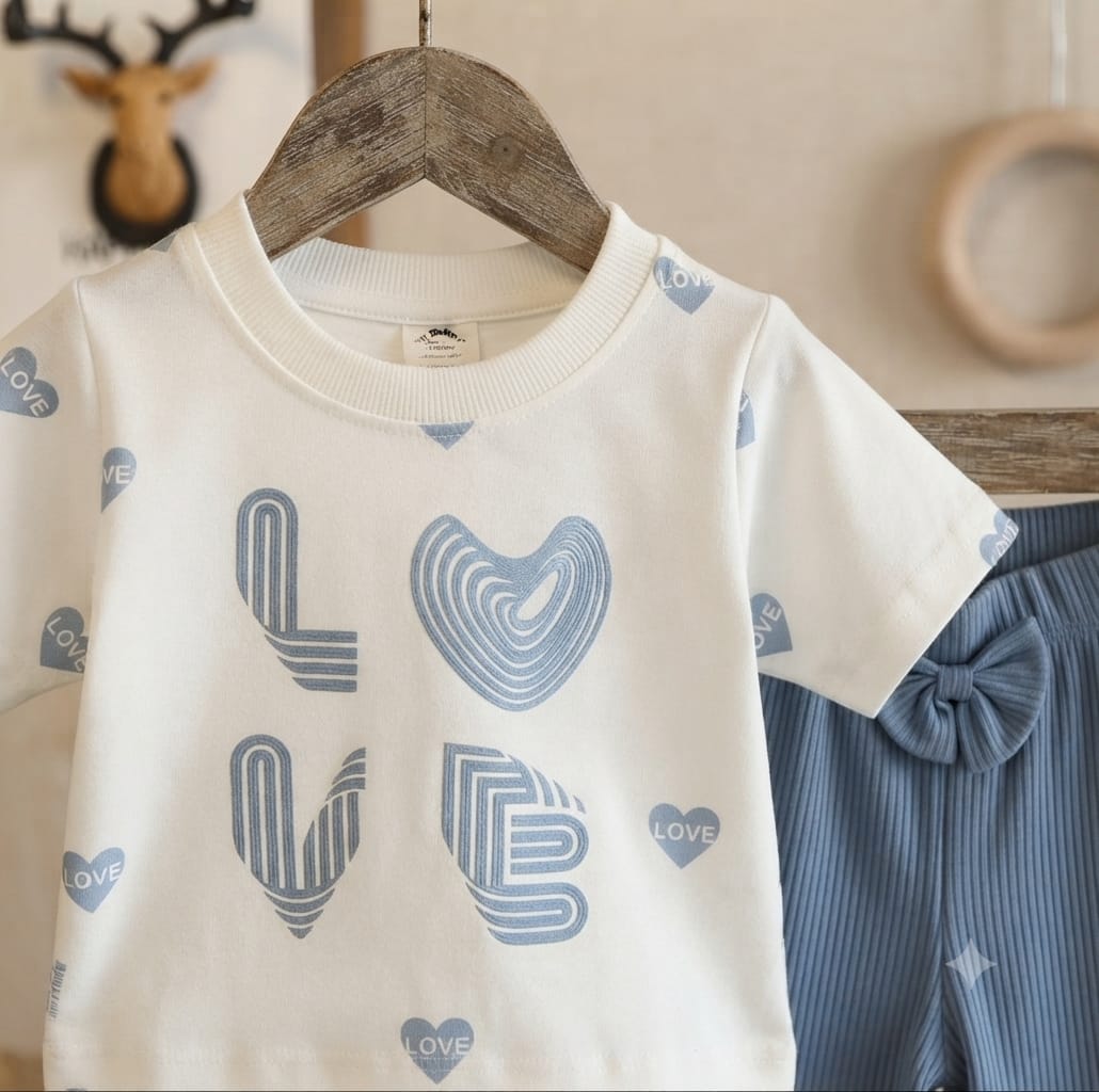 Love Print Ribbed Bow Coord Set