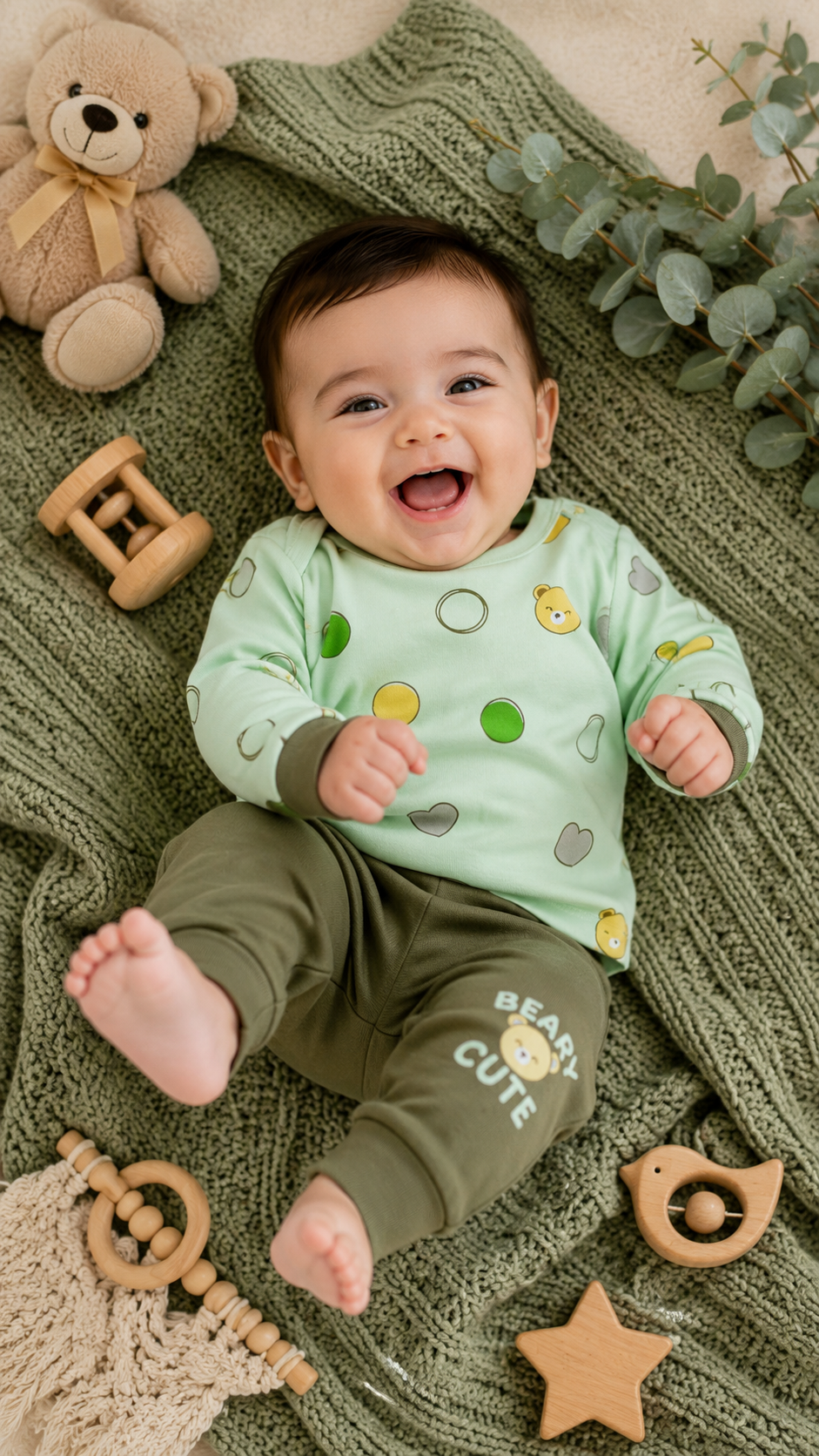 Beary Cute Bear Print Tee & Olive Jogger Set