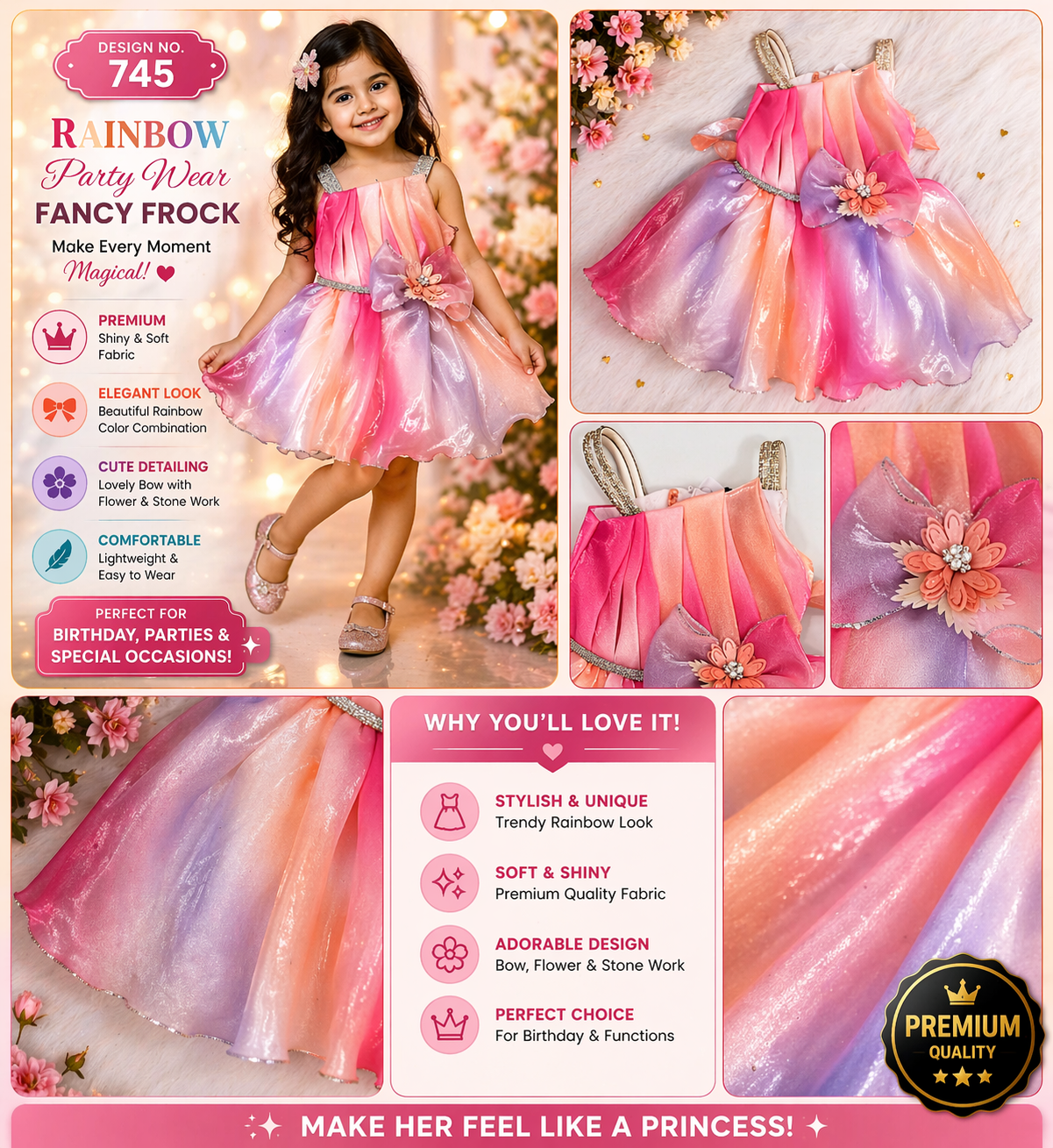 Girls Rainbow Party Wear Fancy Dress