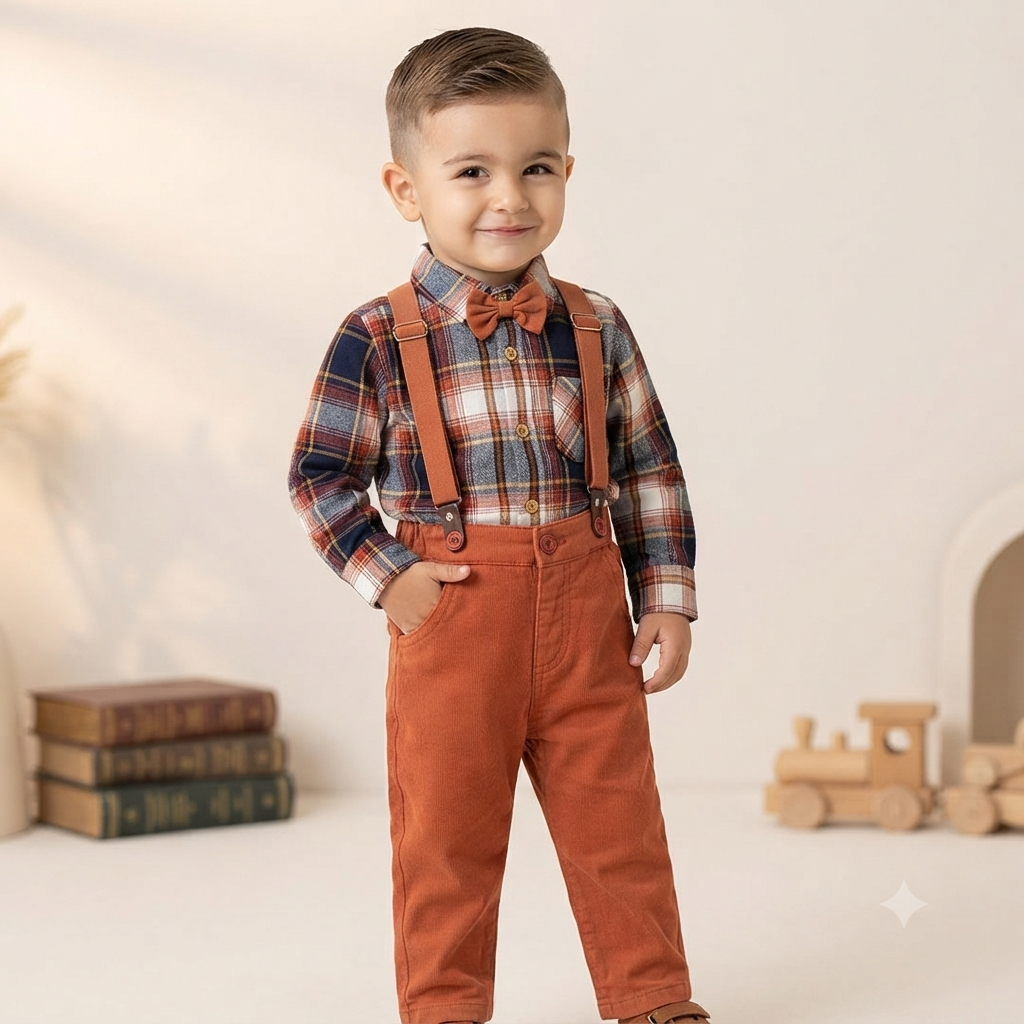 Plaid Check Shirt & Rust Suspender Pants Set