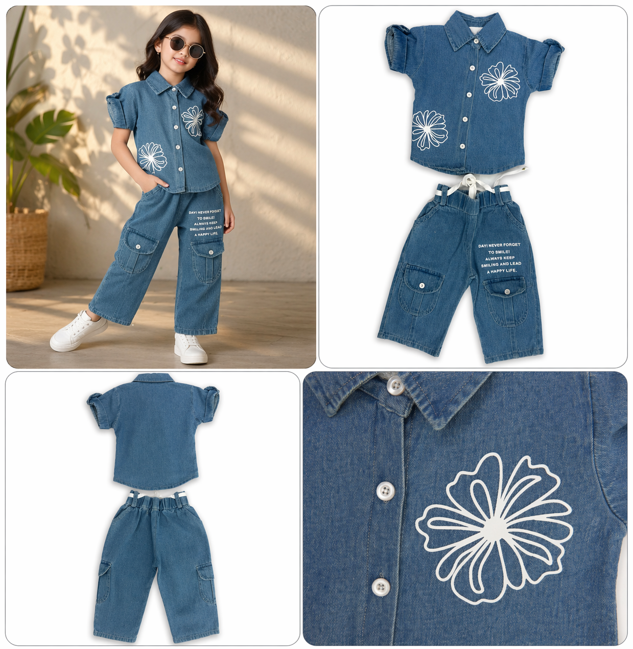 Girls Fancy Denim Shirt & Ankle Length Pant Set