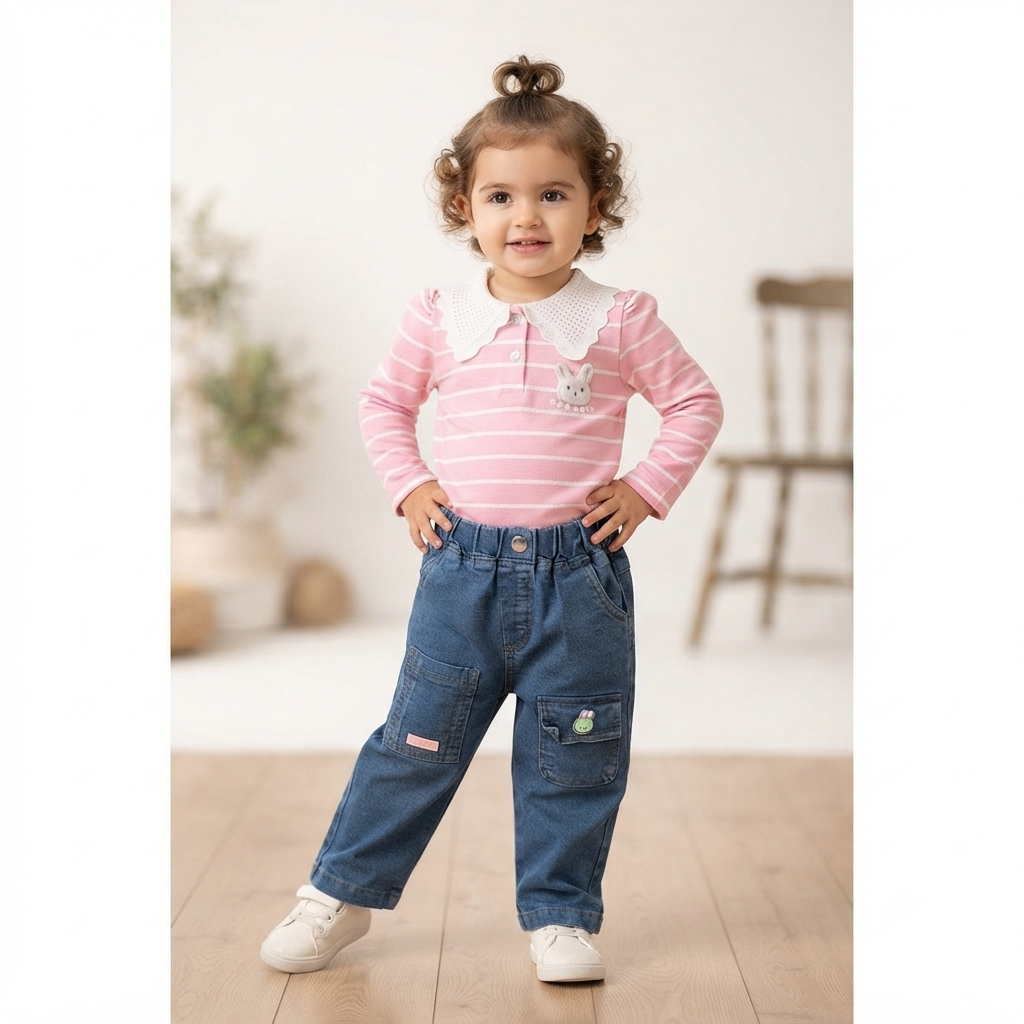 Pink Bunny Stripe Top & Denim Cargo Jeans Set