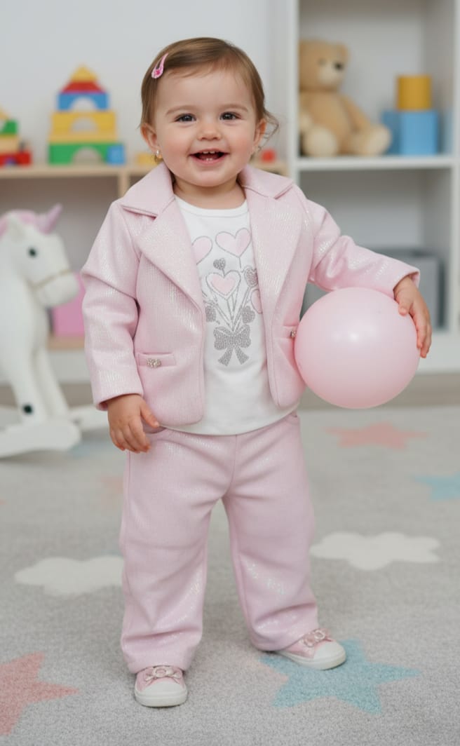 Girls Pink Shimmer Party Suit with Heart Print Tee (2–8 Years)