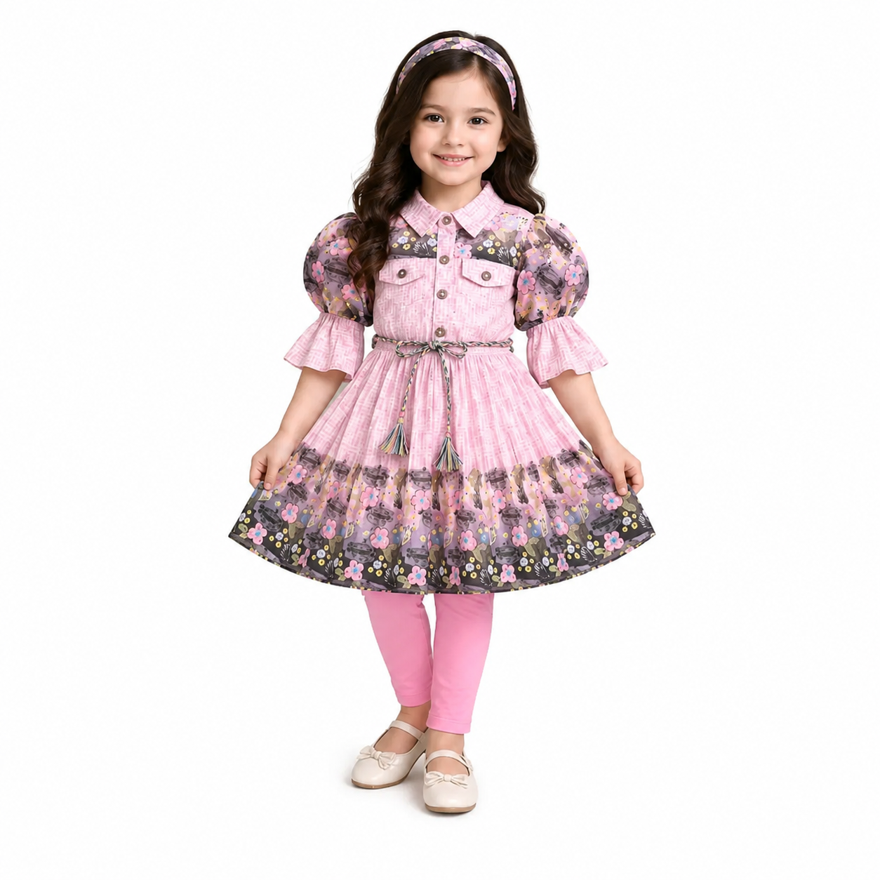 Girls Pink Printed Knee-Length Dress with Leggings
