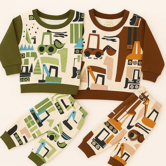Boys Olive Green Construction Print cord Set – Full Sleeves & Joggers