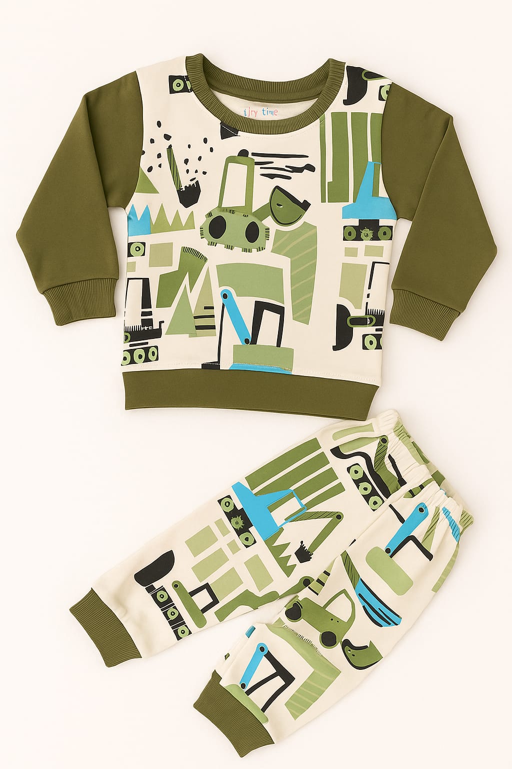 Boys Olive Green Construction Print cord Set – Full Sleeves & Joggers