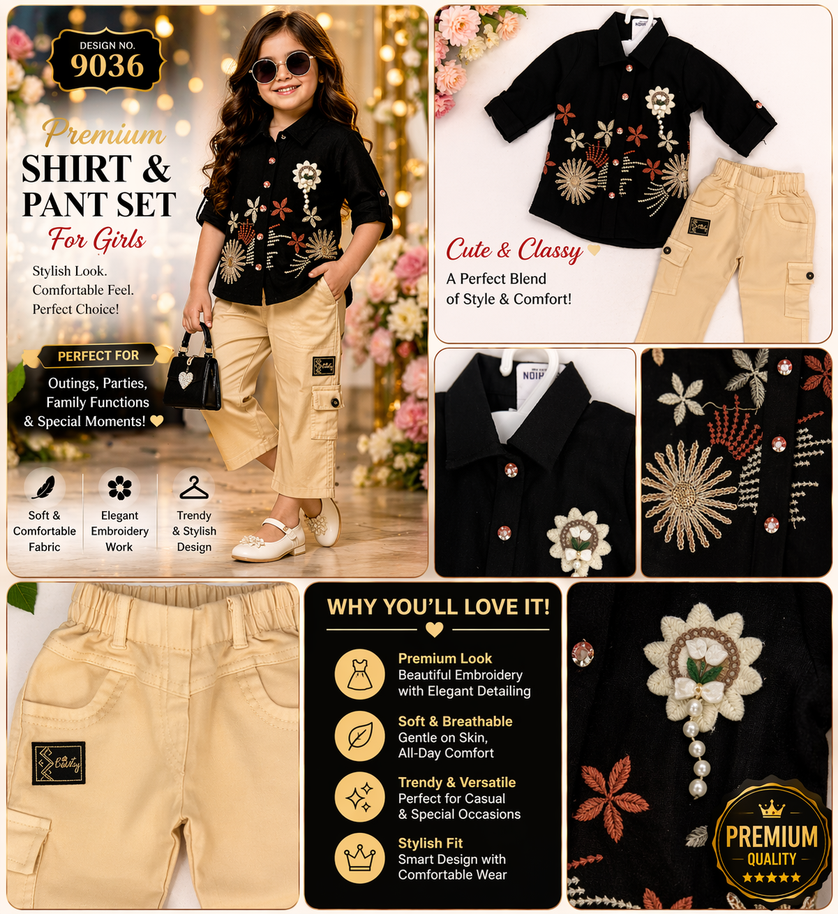 Girls Elegant Embroidered Shirt & Pant Set