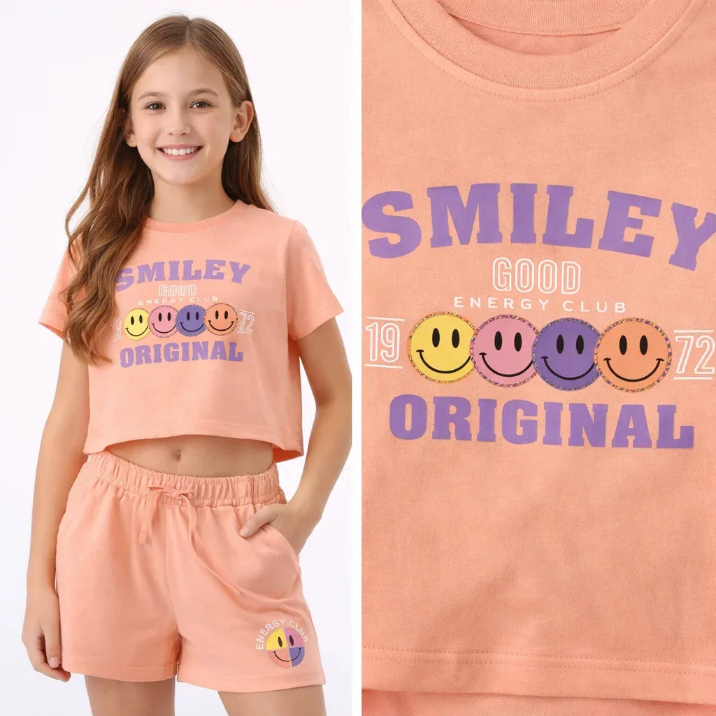 Girls Cotton Crop Top & Shorts Set (Peach Smiley Co-Ord Set)
