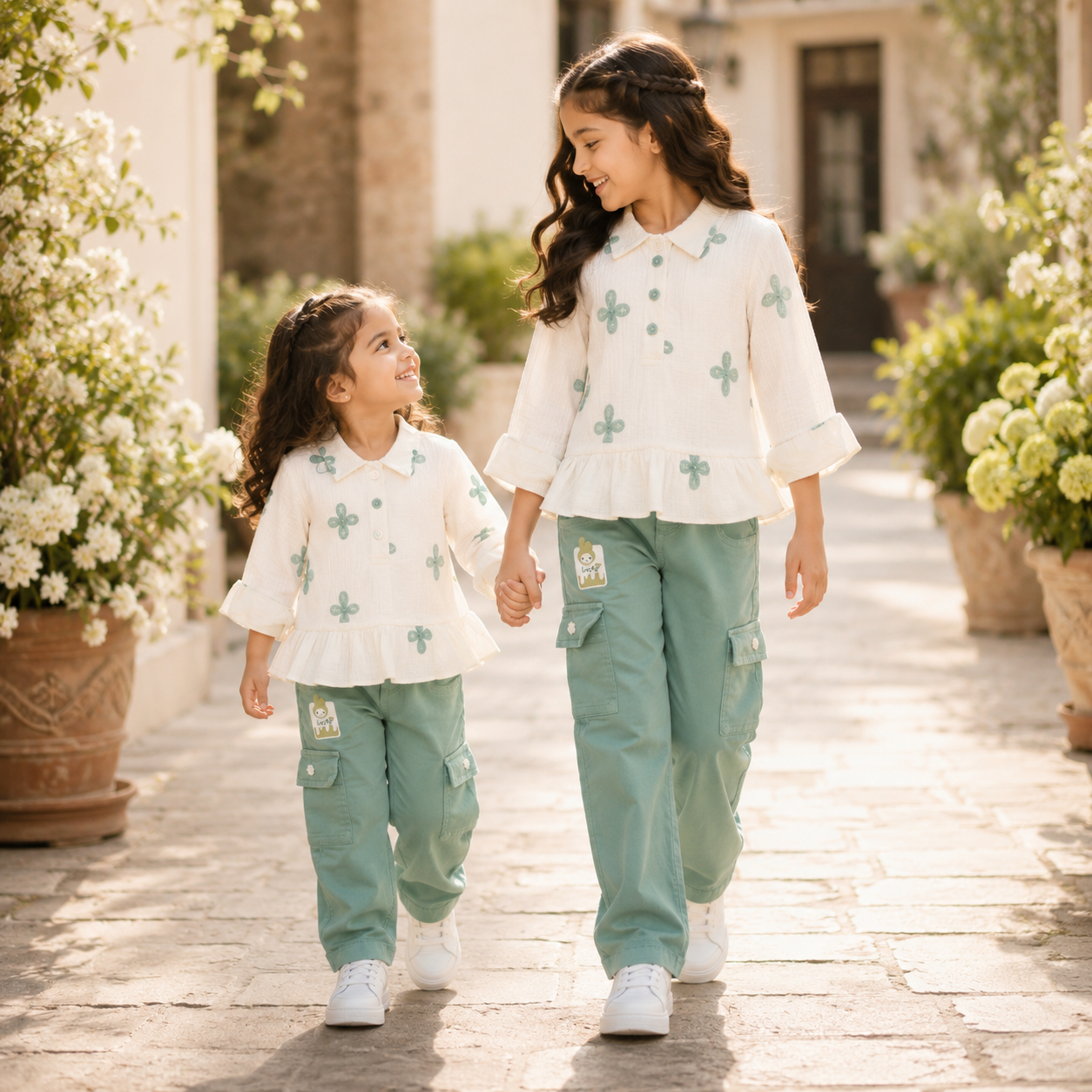 White Cross Print Top & Sage Green Cargo Pants Set