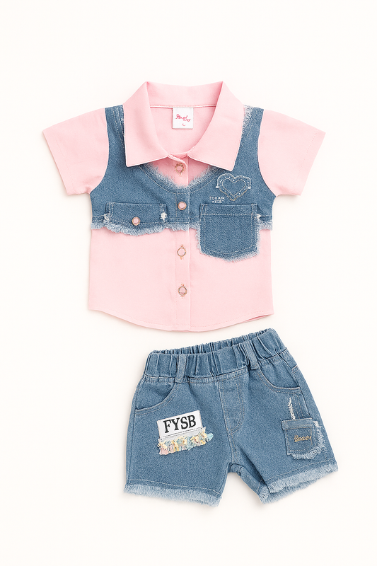 Chic Denim Vest-Style Cord Set – Pink & Blue (Baby Girls)